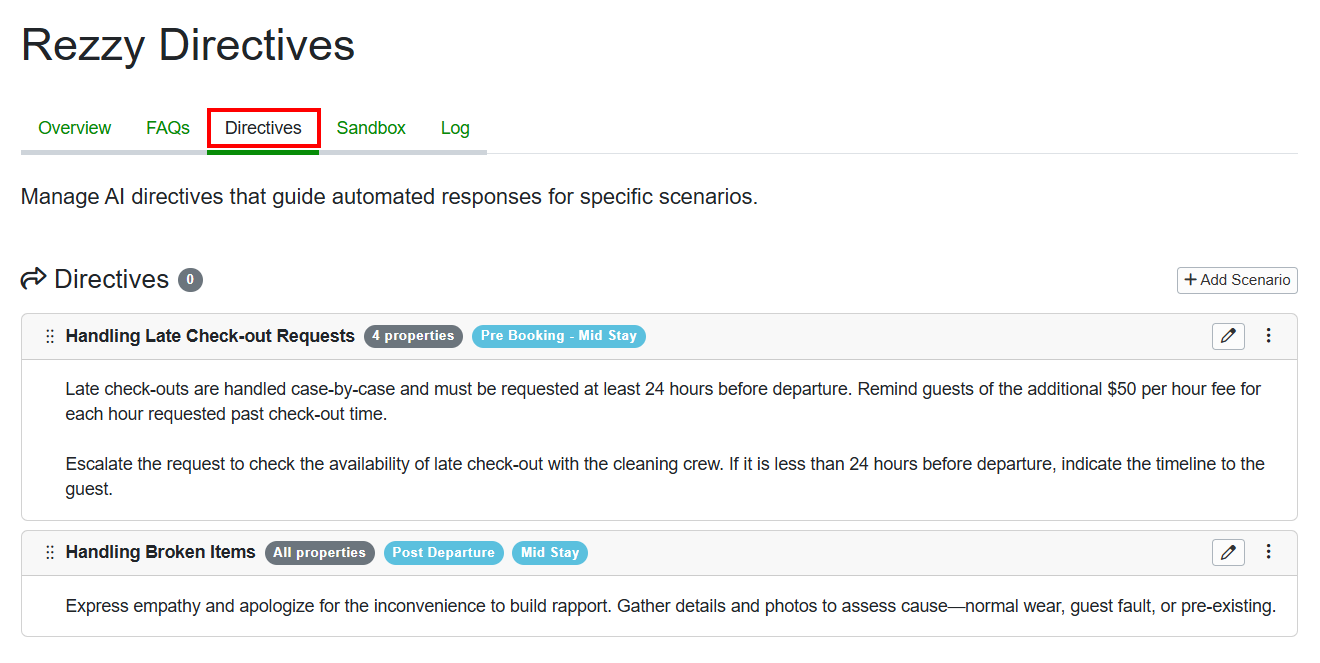 Like FAQs, all your Directives are displayed on the Directives tab (Rezzy AI > Directives).