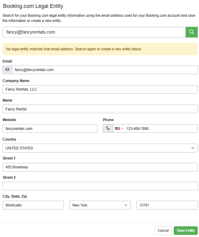 If no BDC Legal Entity is found, you can create a new one by entering your business contact information and clicking Save Entity.