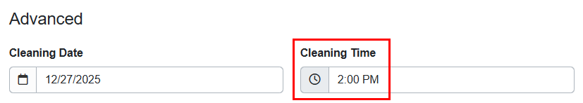 To configure your cleaning time, navigate to the specific Booking > Change/Move Booking > Advanced > Cleaning Time, and enter the desired cleaning start time.