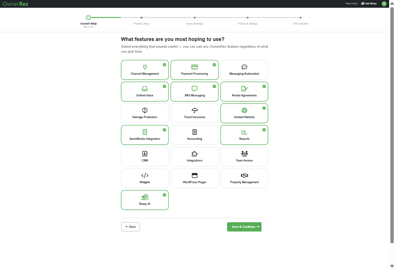 Select the OwnerRez features you plan to use, then click Save & Continue.