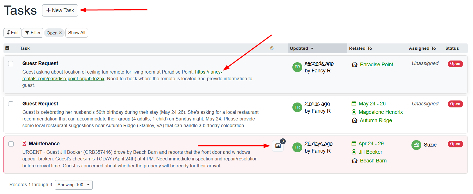 The Tasks grid sorts by last activity by default, shows photo and file attachment counts in a dedicated column, and automatically converts URLs in task descriptions into clickable links. Create a new task by selecting Tasks from the left navigation menu and clicking on the + New Task button.