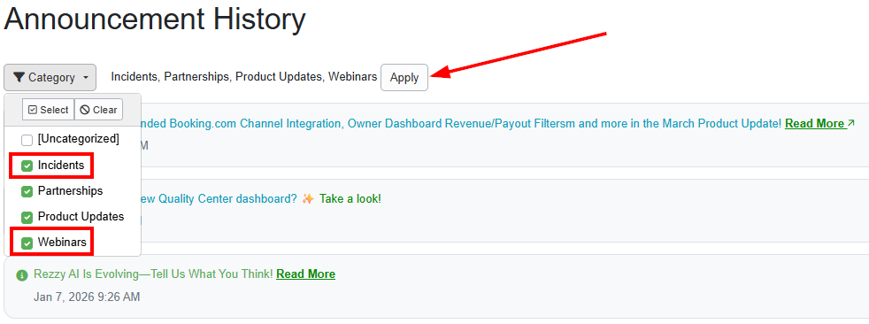 If you want to see announcements about Incidents or Webinars (or filter a different way than the default), just click on the categories, select the ones you want, then click/tap Apply.
