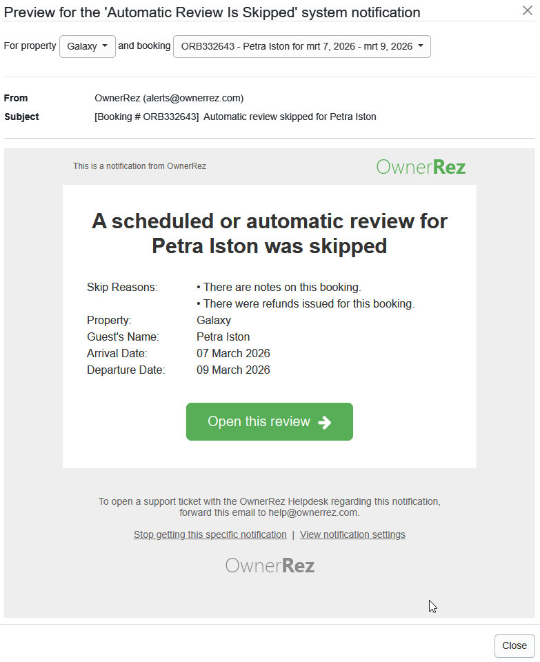 OwnerRez will include the specific reasons for skipped Smart Reviews in email notifications.
