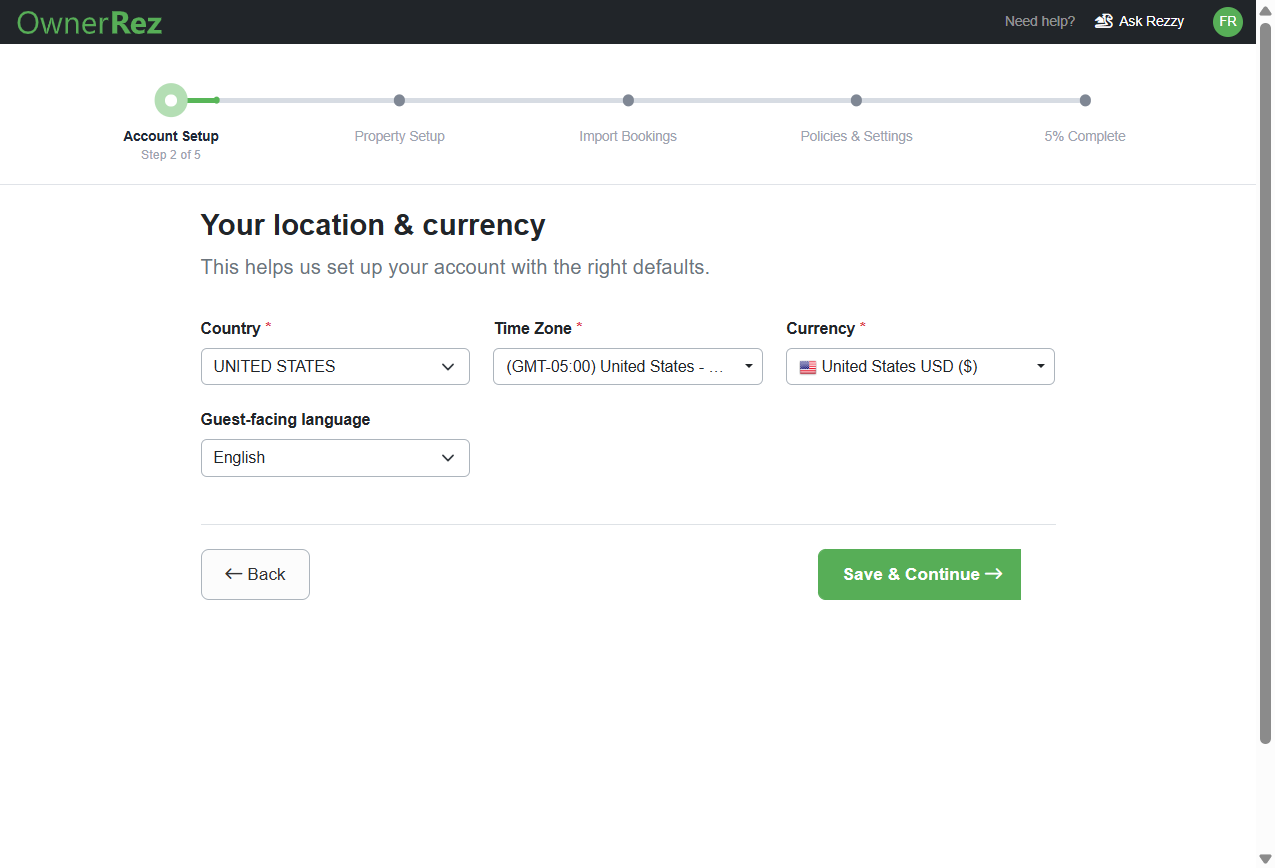 On the Location & Currency page, enter your Country, Time Zone, Currency, and Guest-facing Language, and click Save & Continue.