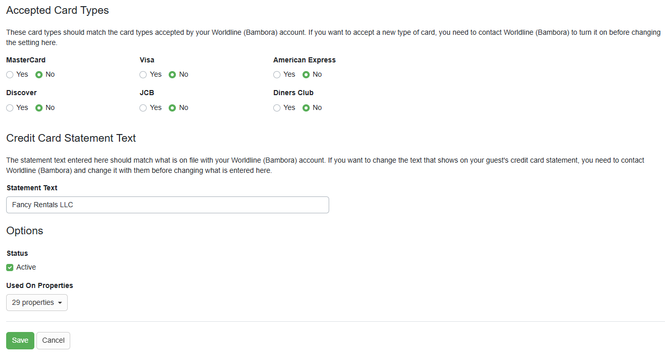 Select your accepted credit card types. Enter your Credit Card Statement Text and click Save.