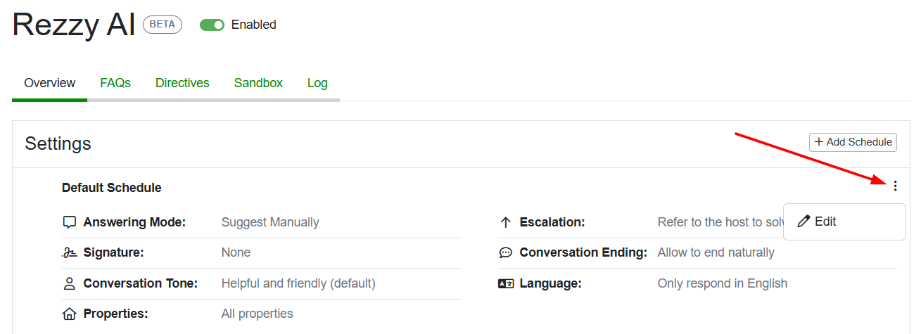 Configure your Rezzy AI settings by clicking the right kebab icon and selecting Edit to make adjustments. This will instruct Rezzy on your desired tone, policies, and establish boundaries for responses.