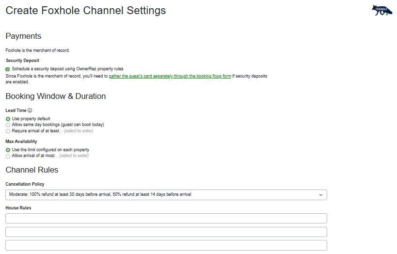 Configure your Foxhole Payments, Booking Window & Duration, and Channel Rules.