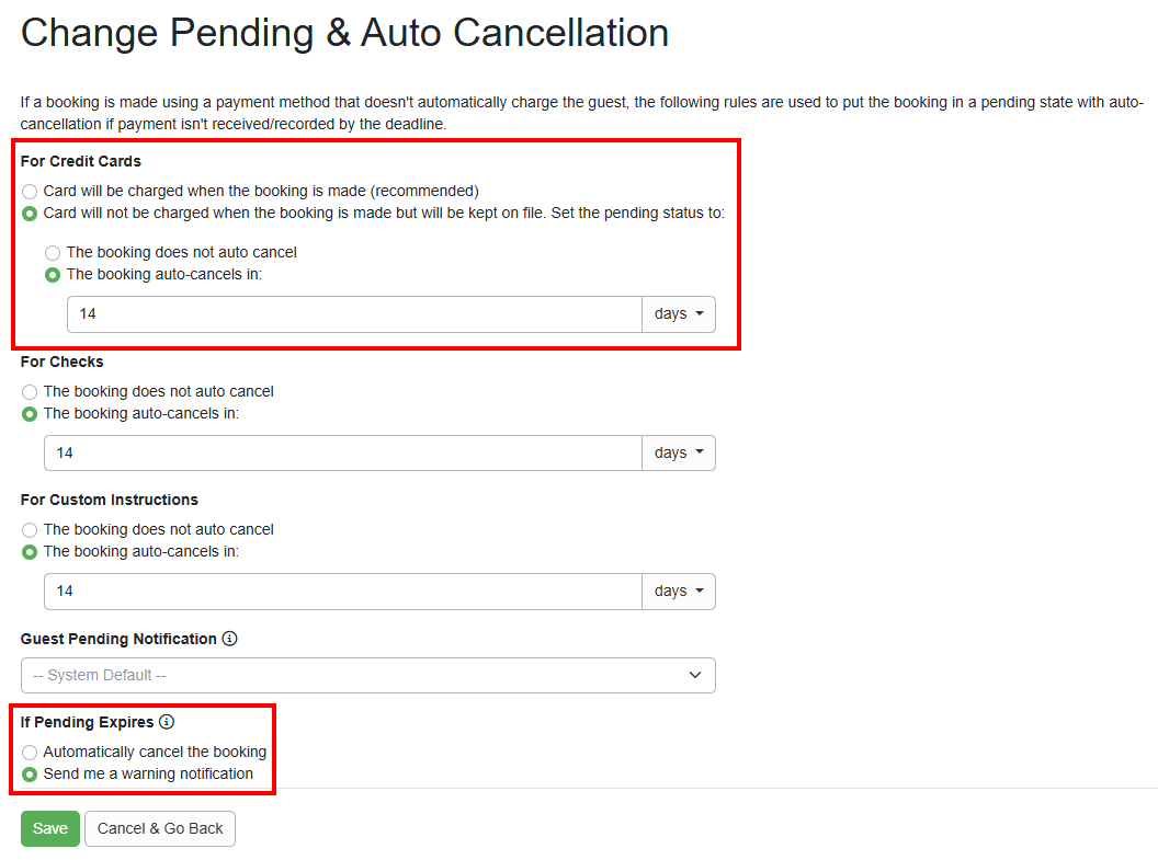 Change the property rules to not charge guests' credit cards immediately, so the booking remains pending until you decide to approve or cancel the guest. You set the credit card option by going to Properties > Select a property > Rules > Pending&nbsp;& Auto Cancellation > Change > For Credit Cards, select the choice card will not be charged. Set the number of days for auto-cancellation, and decide whether to be notified or have the booking automatically expire.&nbsp;Carefully consider your auto-cancellation settings. If the booking has been placed but you have not confirmed that it is valid, you probably want it to auto-cancel after a few days. You certainly don't want to be stuck with your calendar blocked by an invalid booking.