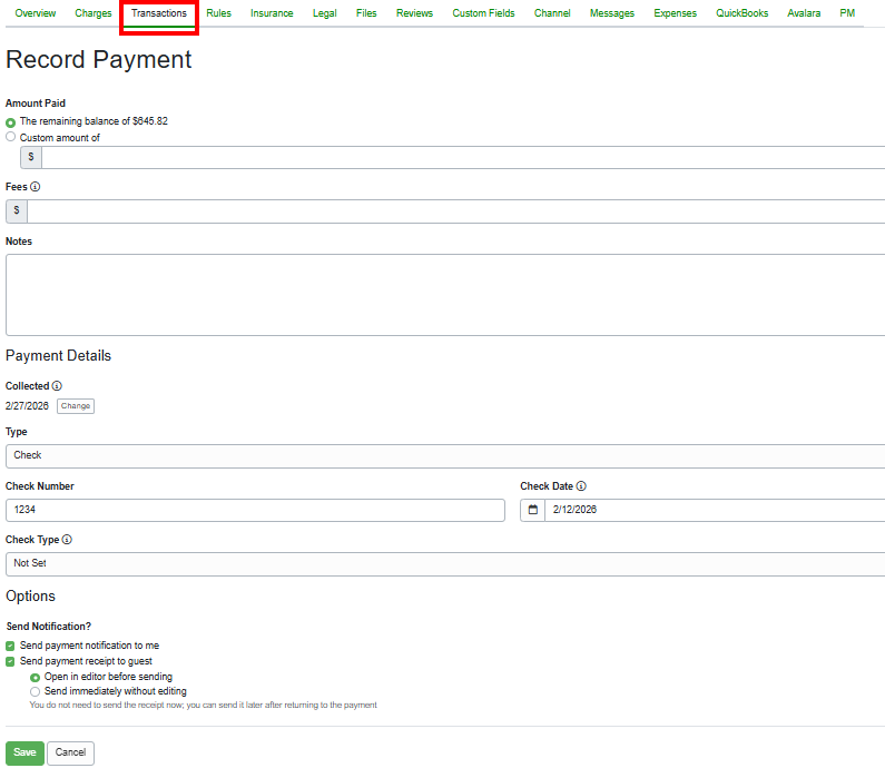 Enter the Amount Paid and select the Payment Details Type and click Save.