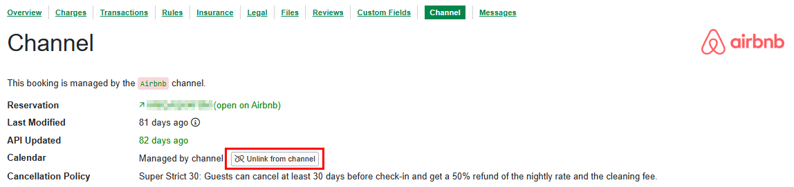 If you want to manage the payments yourself, navigate to the specific Booking > Channel tab and click the Unlink from channel button.