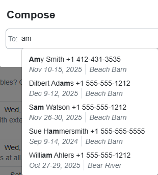 In the Compose pop-up, you can start typing a guest name, and the system will search for existing contacts.