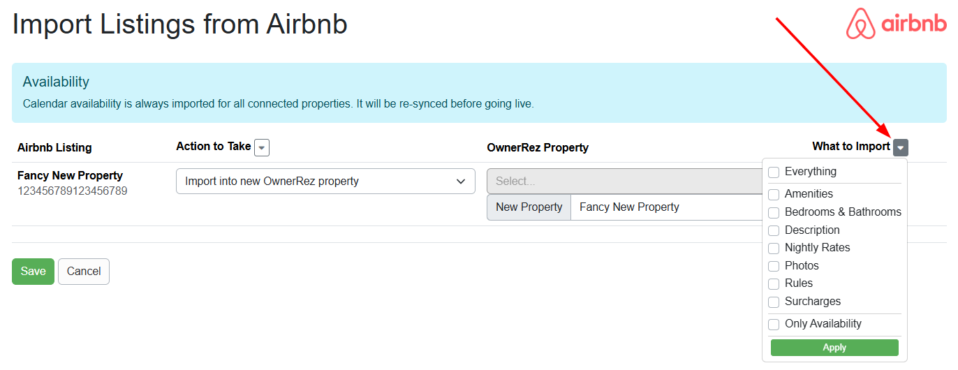 When importing a listing from Airbnb (Settings > Channel Management > Channel Integration > + Connect a Channel > Connect Airbnb, or an existing Airbnb channel integration > Connect Properties > From Airbnb to OwnerRez > Import Listings from Airbnb > What to Import), you now have the ability to&nbsp;select the sync type (Everything or Only Availability) and what content (e.g., Amenities, Bedrooms & Bathrooms, Description, Nightly rates, Photos, Rules, Surcharges) you want to import.