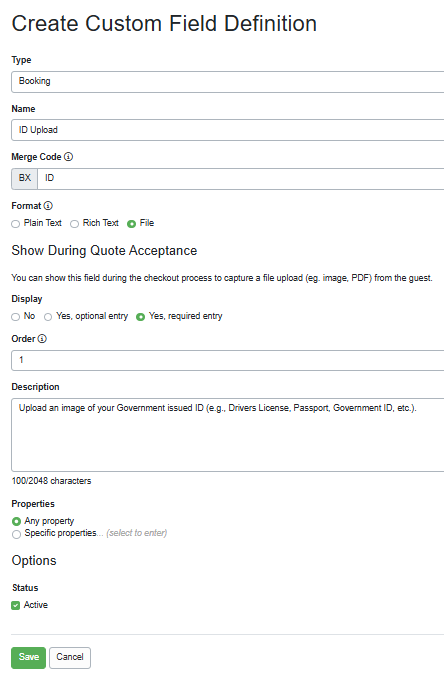 Create a Custom Field Definition by navigating to Settings > Workflow & Devices > Custom Field Definitions, and click on the + Create Field Definition button. In the Format section, select File.