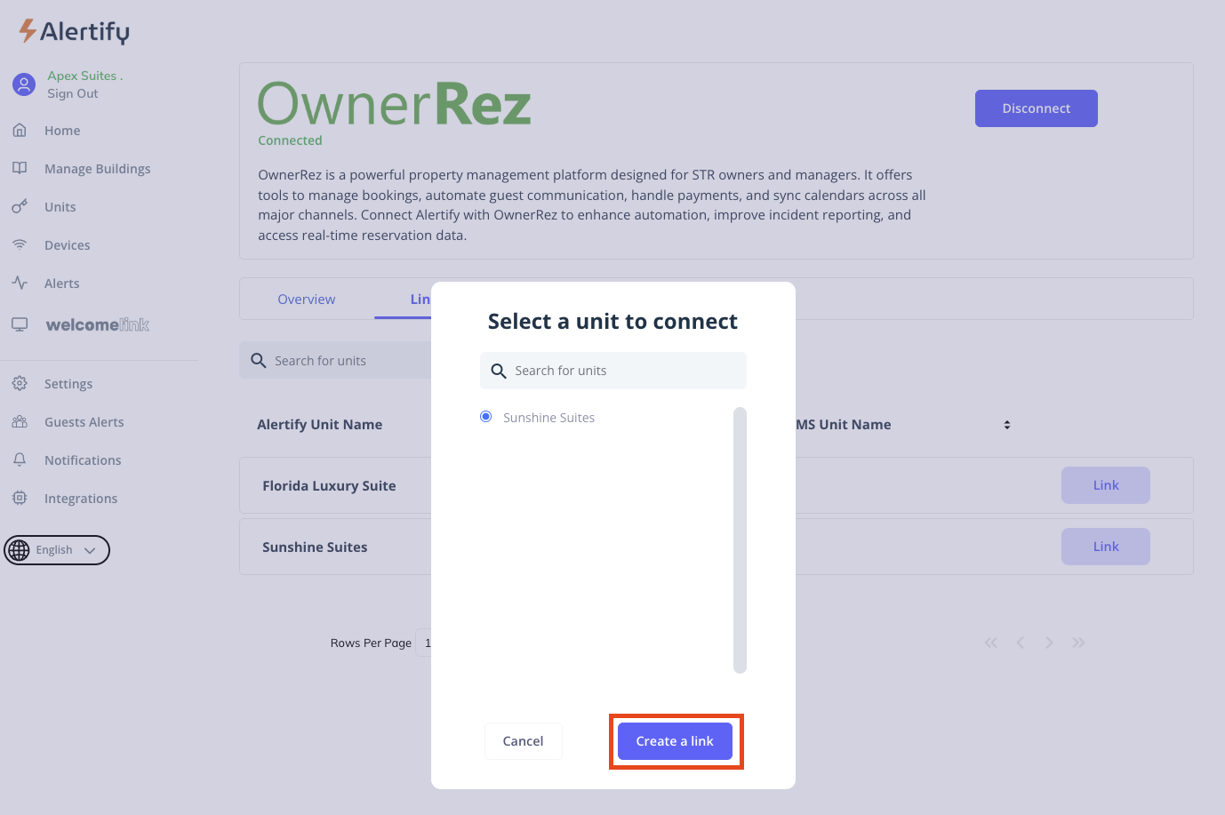 Imported units will display in a list. If the button next to a unit says Unlink, it’s already connected. To manually link, click Link, choose the corresponding OwnerRez unit, and press Create a link.