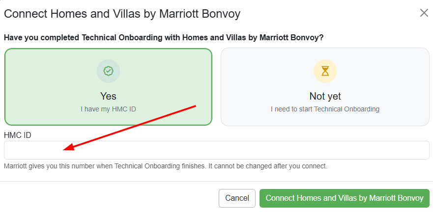 To set up and connect Homes & Villas by Marriott Bonvoy in OwnerRez, go to Settings > Channel Management > Channel Integrations > + Connect a Channel > Connect Homes & Villas by Marriott Bonvoy. On the Connect Homes & Villas by Marriott Bonvoy page, click Yes, then enter your HMC ID in the HMC ID field (provided by Homes & Villas by Marriott Bonvoy).