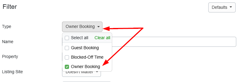 Need to find your owner bookings? PMs can filter by Booking Type in the Calendar List View.