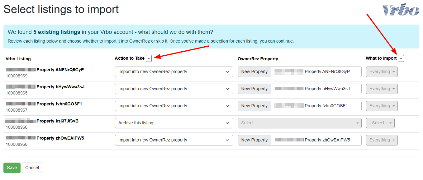 On the Select listings to import page, select the OwnerRez property and provide the What to Import details. If you have multiple Vrbo listings to import, you can populate all of your listings by selecting the top Action to Take (e.g., Ignore this listing, Import into existing OwnerRez property, Import into new OwnerRez property, Archive this listing) and the What to Import (e.g., Everything, Rates & Availability) dropdown lists.