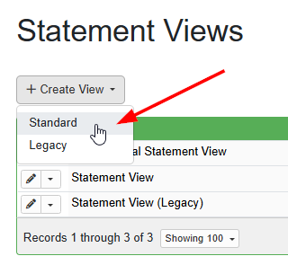 To create a Statement View, navigate to PM > Settings > Statement Views >  + Create View > Standard.