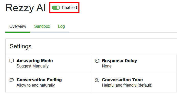 Toggle the Enabled button off directly in Rezzy AI.