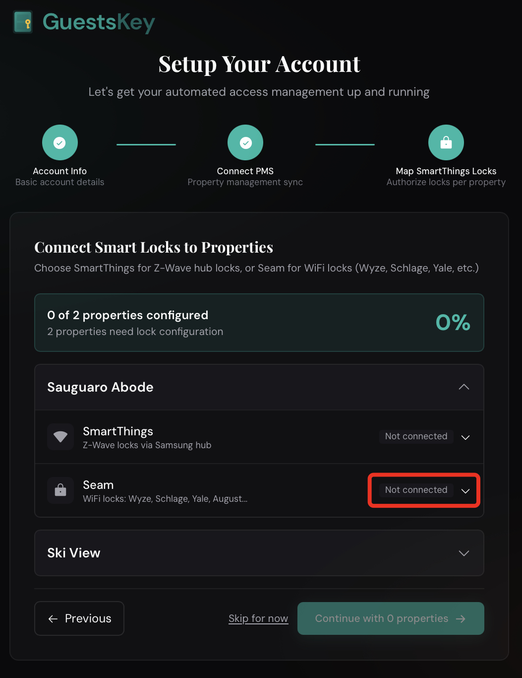 Connect and Map Smart Locks:&nbsp;Link your smart locks via SmartThings or Seam (supports Yale, Schlage, August, Kwikset, and more). Click the down arrow next to 