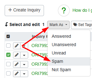  You can also mark inquiries as spam in the Inquiries section of the app by selecting an individual inquiry from the list and selecting Spam&nbsp;(or Not Spam) from the Mark As dropdown menu.