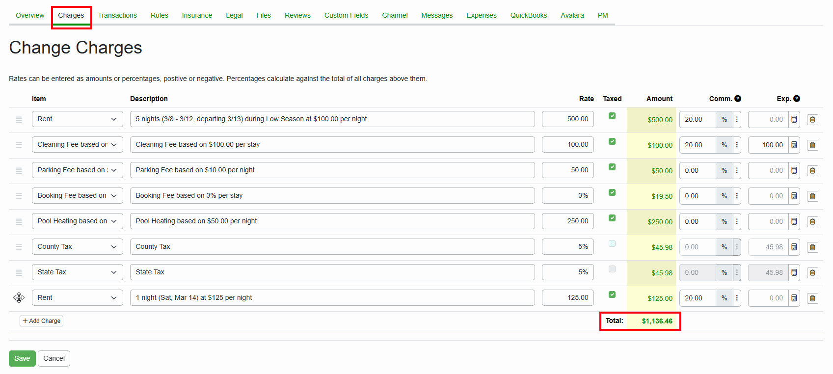 Notice that, when users add the additional rent charge, percentage tax lines DO NOT automatically update to charge the appropriate tax amount. Users need to drag that Rent line above the Tax lines by grabbing the hamburger icon&nbsp; on the left of the item line so that the appropriate taxes are applied to the additional night. Click Save.