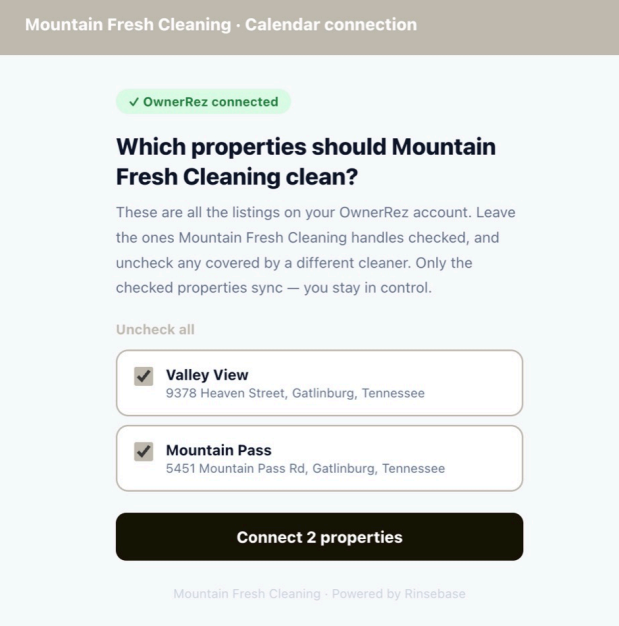 4.&nbsp;Choose which listings to share.  Select the properties this cleaning company handles. You can share only some&nbsp;listings and use different cleaners for different properties &mdash; sharing is per listing.