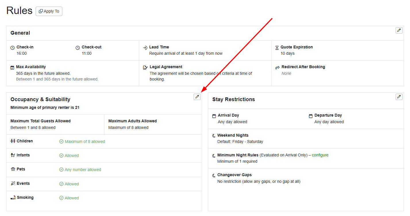 Navigate to the Occupancy & Suitability section within the Property Rules area (Properties > specific Property > Rules > Occupancy & Suitability, and click on the pencil edit icon.