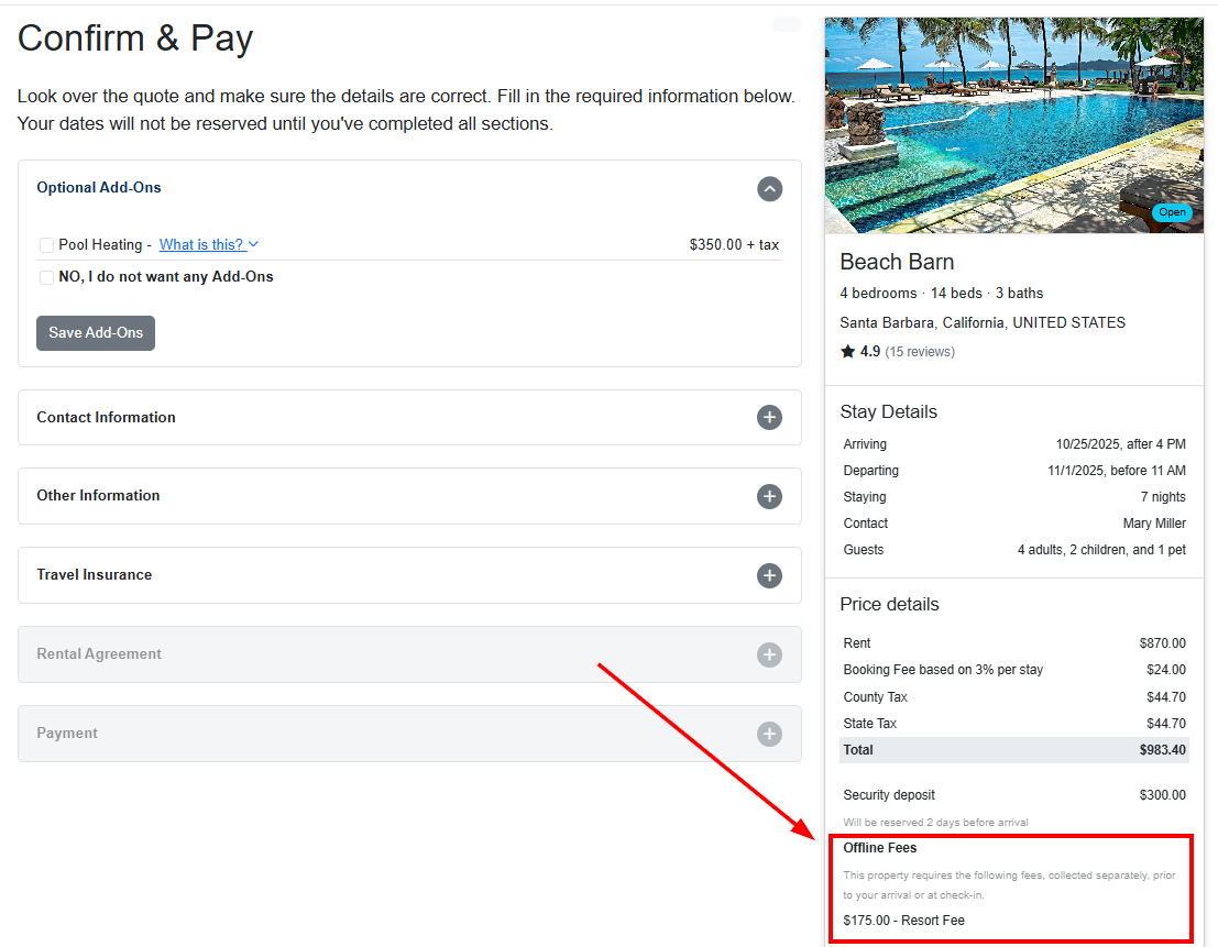 If enabled, offline surcharges are displayed at the bottom of the Confirm & Pay guest form.