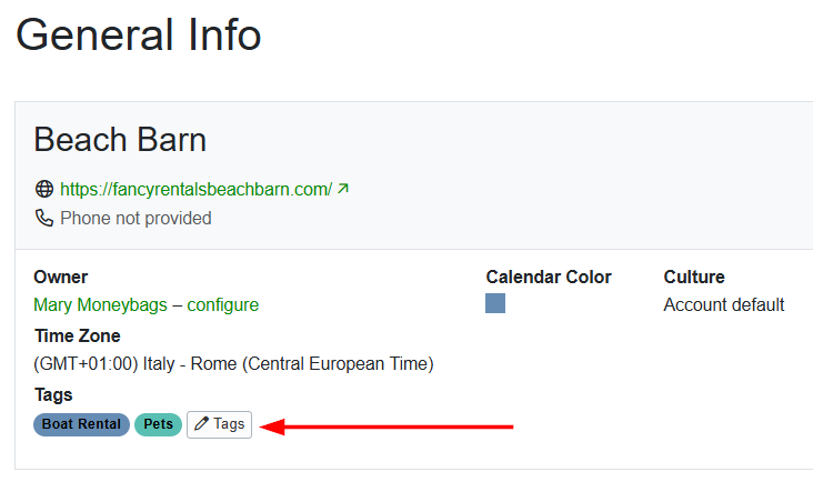 To assign Tags to a property, go to Properties&nbsp;and choose the specific property you want to add tags to. By default, you will be in the General Info section category. Under the General Info section, click on the Tag button.&nbsp;