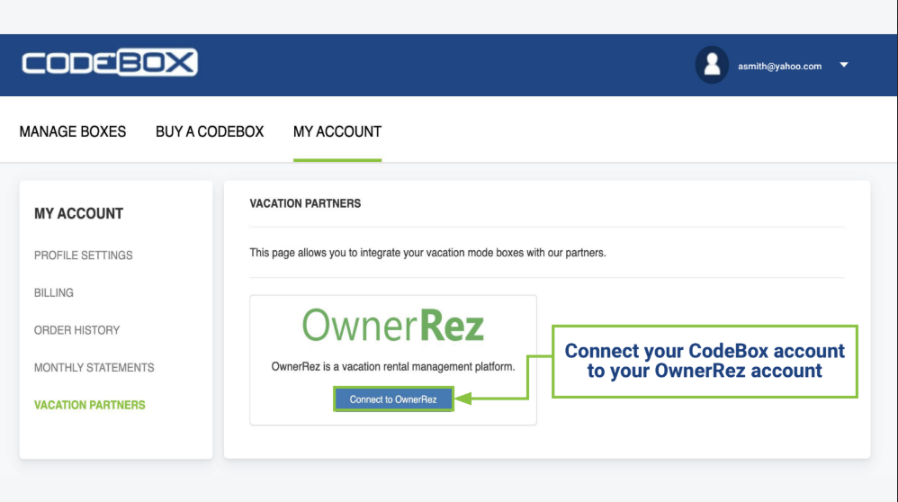 Connect your CodeBox account to your OwnerRez account by clicking Connect to OwnerRez.