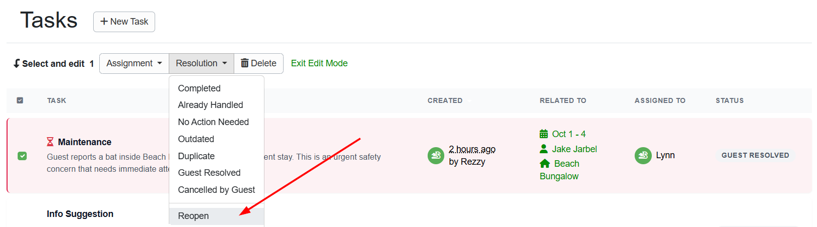 Select the individual task and choose Reopen from the Resolution dropdown list.