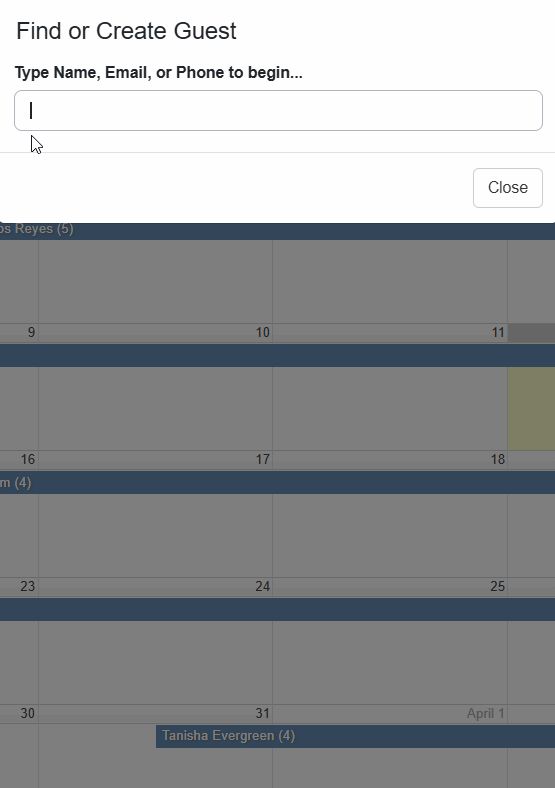 Enter the name, email or phone number of the new guest. As you type, the system will attempt to find existing matches and will show them to you (just in case they've contacted you before).