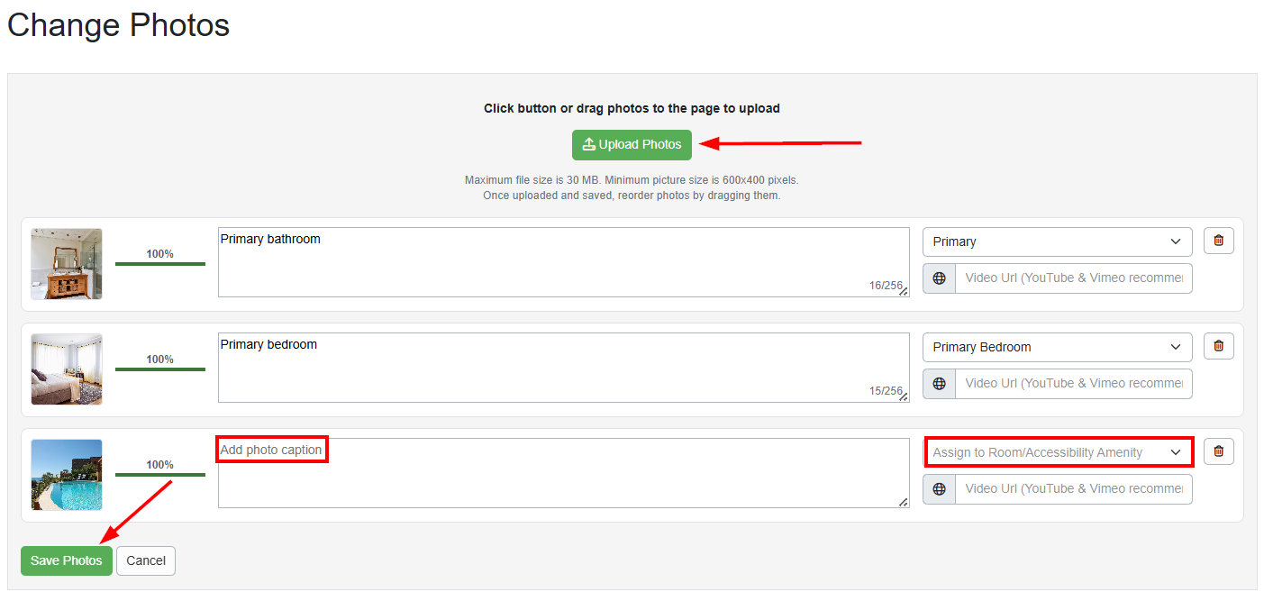 when adding property photos,&nbsp;you can add photo captions (descriptions),&nbsp;assign the photo to a specific room&nbsp;or&nbsp;accessibility amenity, or add a video during the upload process.