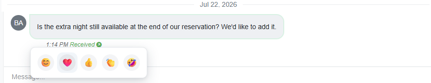 Hosts can react to WhatsApp messages in the Inbox by hovering over a message to add a reaction. Reactions can only be added within the 24-hour window after the guest's last message.