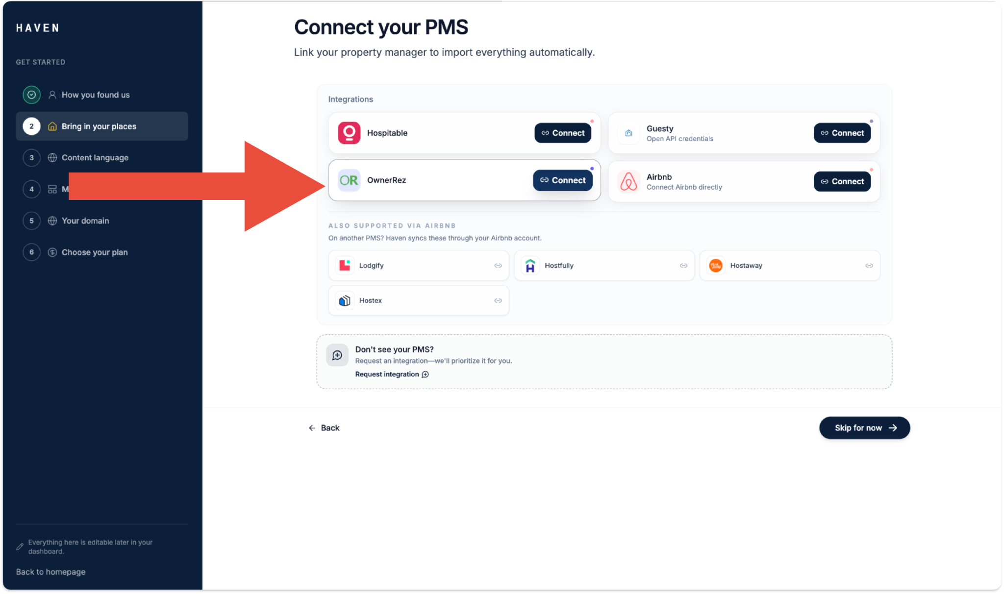 Click Connect under OwnerRez.