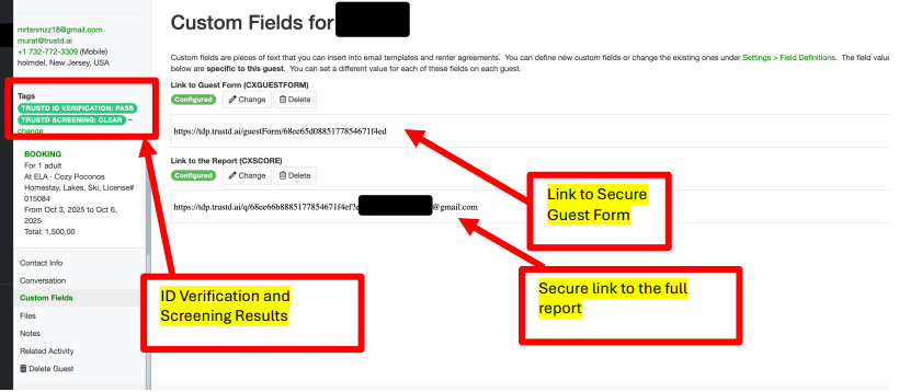 Secure Link to Guest Form on Your OwnerRez Dashboard:&nbsp;Accessing the Secure Link to the Guest Form on Your OwnerRez Dashboard: On your OwnerRez dashboard, navigate to Guest Record > Custom Fields to view all relevant information conveniently compiled in this section. Following a confirmed booking or the generation of an inquiry, quote, or booking in OwnerRez, a secure link to a pre-populated Guest Form is automatically created, as illustrated in the screenshot&nbsp;below. You are required to send this guest form to your guest so they can provide their date of birth. Once the&nbsp;guest completes the form, ID Verification (if enabled) and guest screening are performed, and the results are updated&nbsp;in the same area under Guest Record > Custom Fields.
