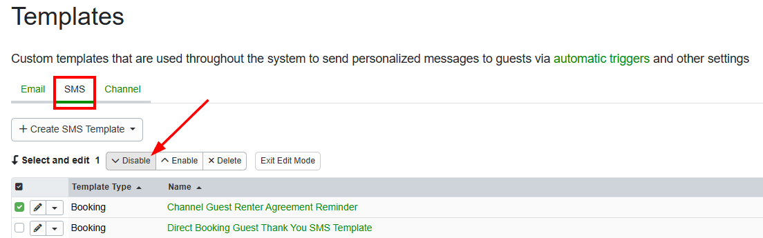 If your SMS template is not associated with any triggers, you can disable it by navigating to Settings > Messaging > Templates > the SMS tab, selecting the template you wish to disable > and clicking on the&nbsp;Disable&nbsp;button.