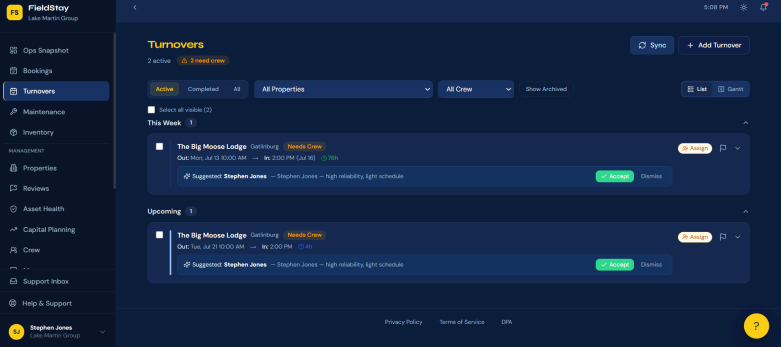 Once you are back in FieldStay, the menu bar on the left side of the screen lets you navigate to each feature in the app, including your properties, bookings, and turnovers pages.