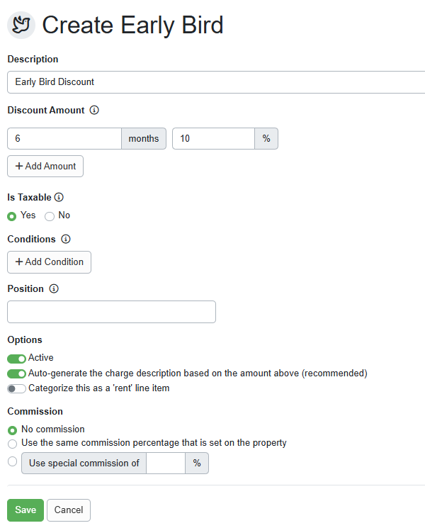 On the Create Early Bird page, enter the Description and Discount Amount.