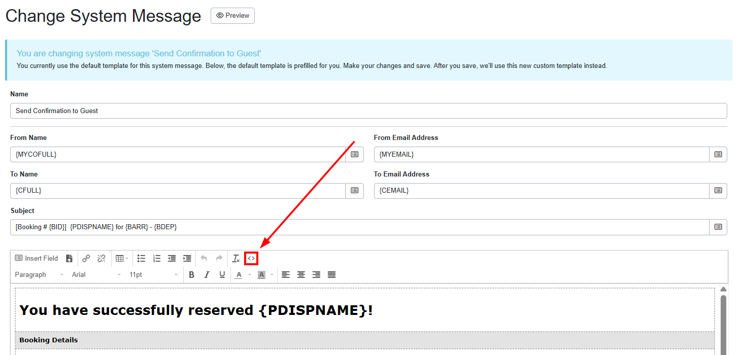 On the Change System Message screen, click on the ‘Edit HTML source’ icon.