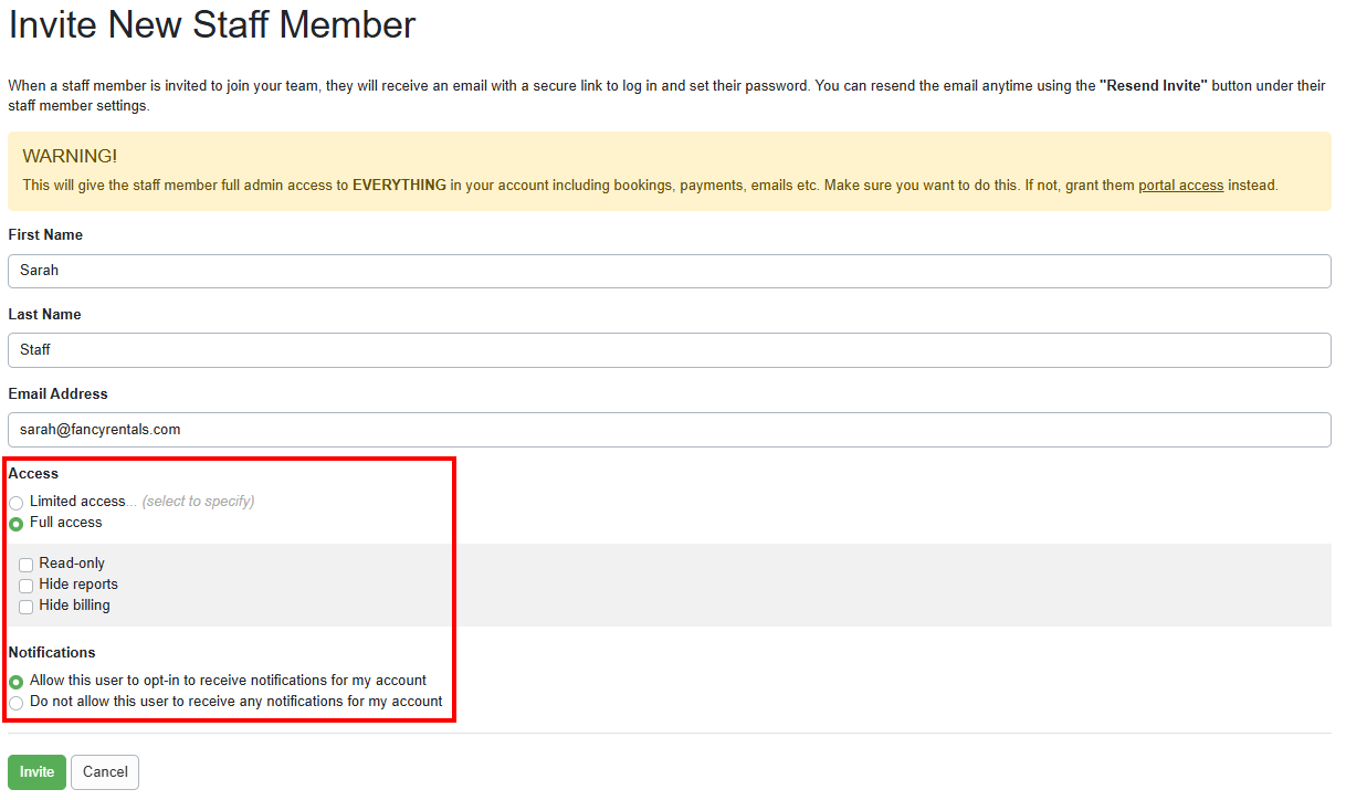 To configure your Team Access Staff Member's billing notifications, navigate to Team Access > Staff tab, select + Invite Staff Member or edit an existing staff member, select Full access, uncheck Hide billing in the Access section, and select Allow this user to opt-in to receive notifications for my account in the Notifications section.