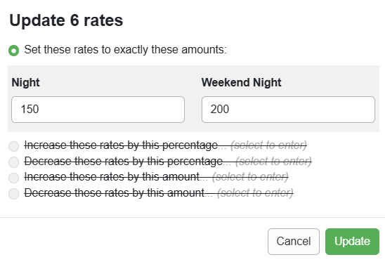 When users click Set Rates, a modal will pop up that allows them to set both Night and Weekend Night Rates. In this example, we are setting our&nbsp;Night and Weekend Night Rates to $150 and $200, respectively. Because this season did not have any rates set for this season, the options to Increase Rates by percentage or amount are crossed or striked out. Click on Update.
