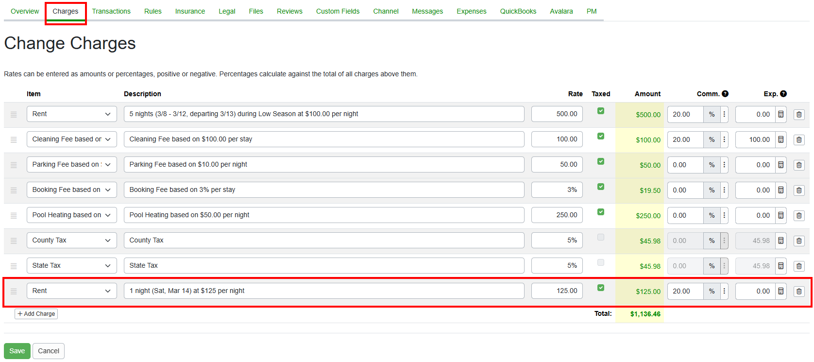 This will create a new, empty Rent line at the bottom of the list. Enter the amount that should be charged for the extra night(s), and an appropriate description. The Taxed checkbox will automatically be selected when users choose Rent from the Item dropdown menu.&nbsp;