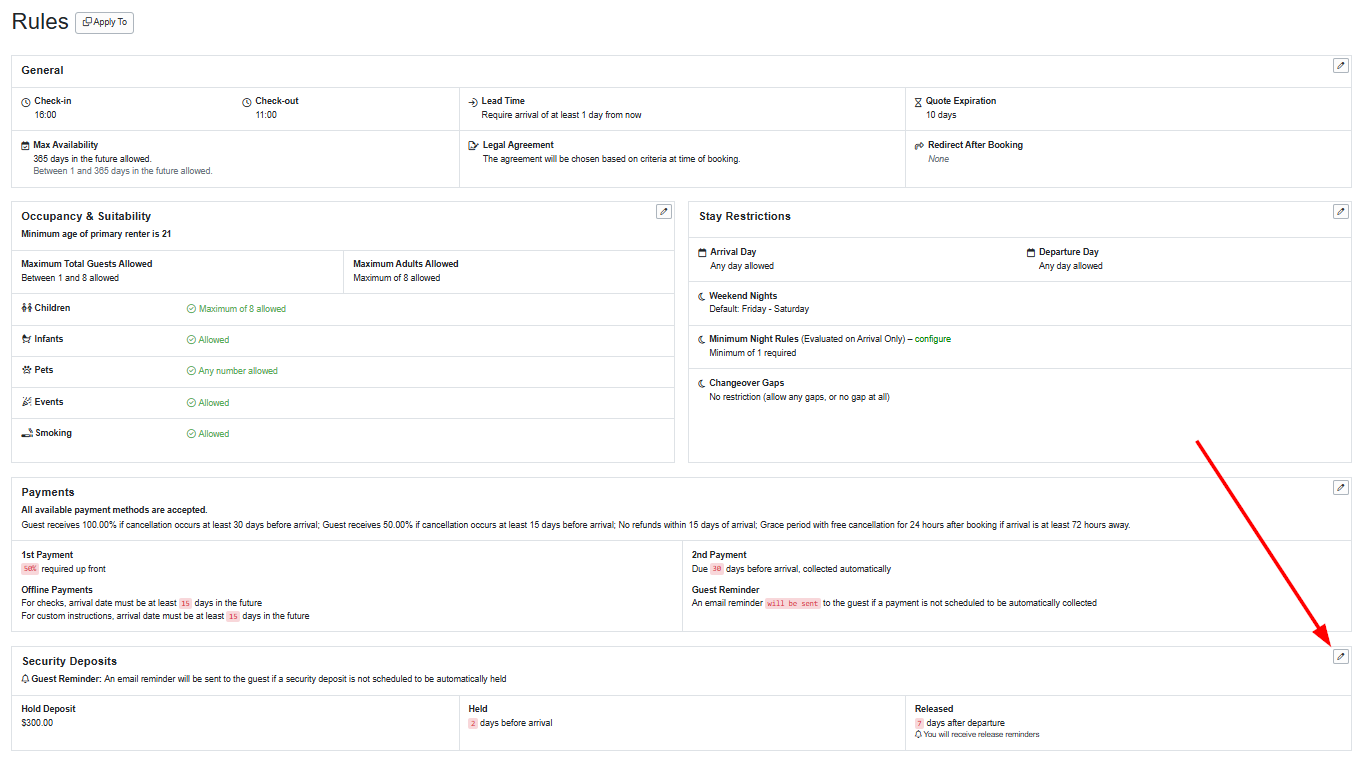 Alternatively, you can configure your security deposits in the specific Property > General Info > Rules > Security Deposits section, and click on the pencil icon.