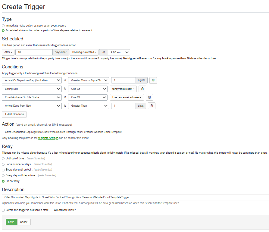 Offer Discounted Gap Nights to Guest Who Booked Through Your Personal Website Email Template Trigger Example 