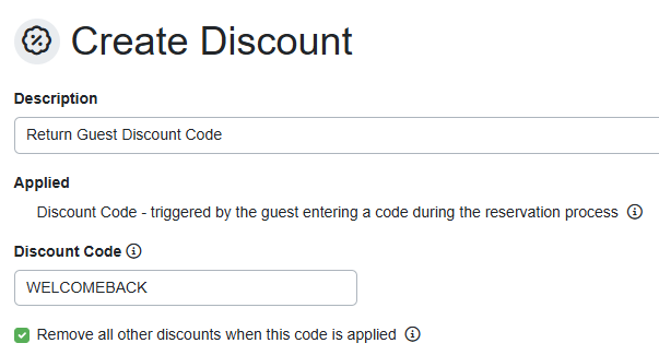 On the Create Discount page, enter the Description and the actual Discount Code. You can also optionally check the 