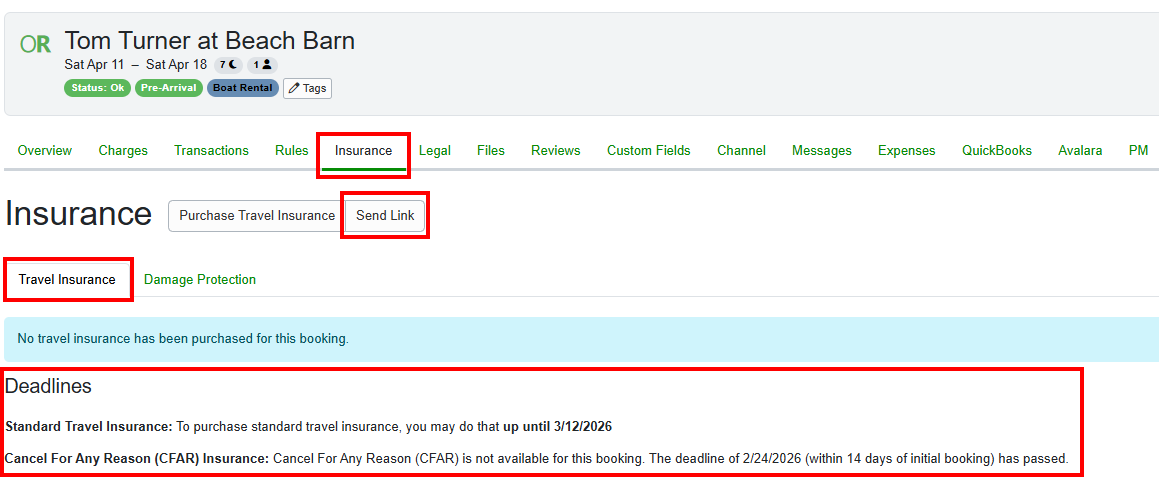 Users can send the travel insurance purchase link by navigating to the individual Booking > Insurance >&nbsp;Send Link. If the booking is still eligible, the button will be available. The Deadlines section outlines specific dates and criteria for purchasing travel insurance.