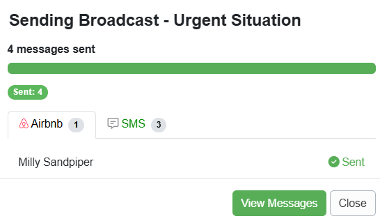 After you click Send Broadcast, the Sending Broadcast Name of your Broadcast pop-up will confirm that your message has been sent.