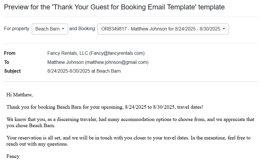 Thank Your Guest for Booking Email Template Preview